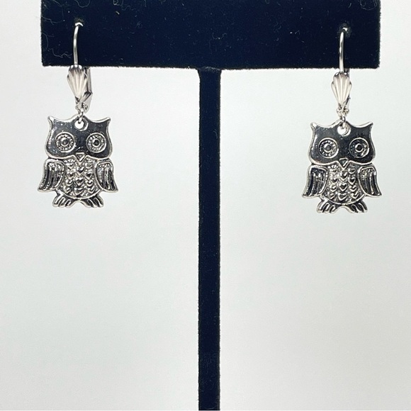 Vintage French Lever Back Owl Earrings Dangle - Picture 3 of 5